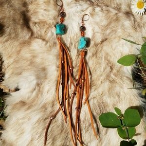 Handmade real turquoise and faux leather earrings